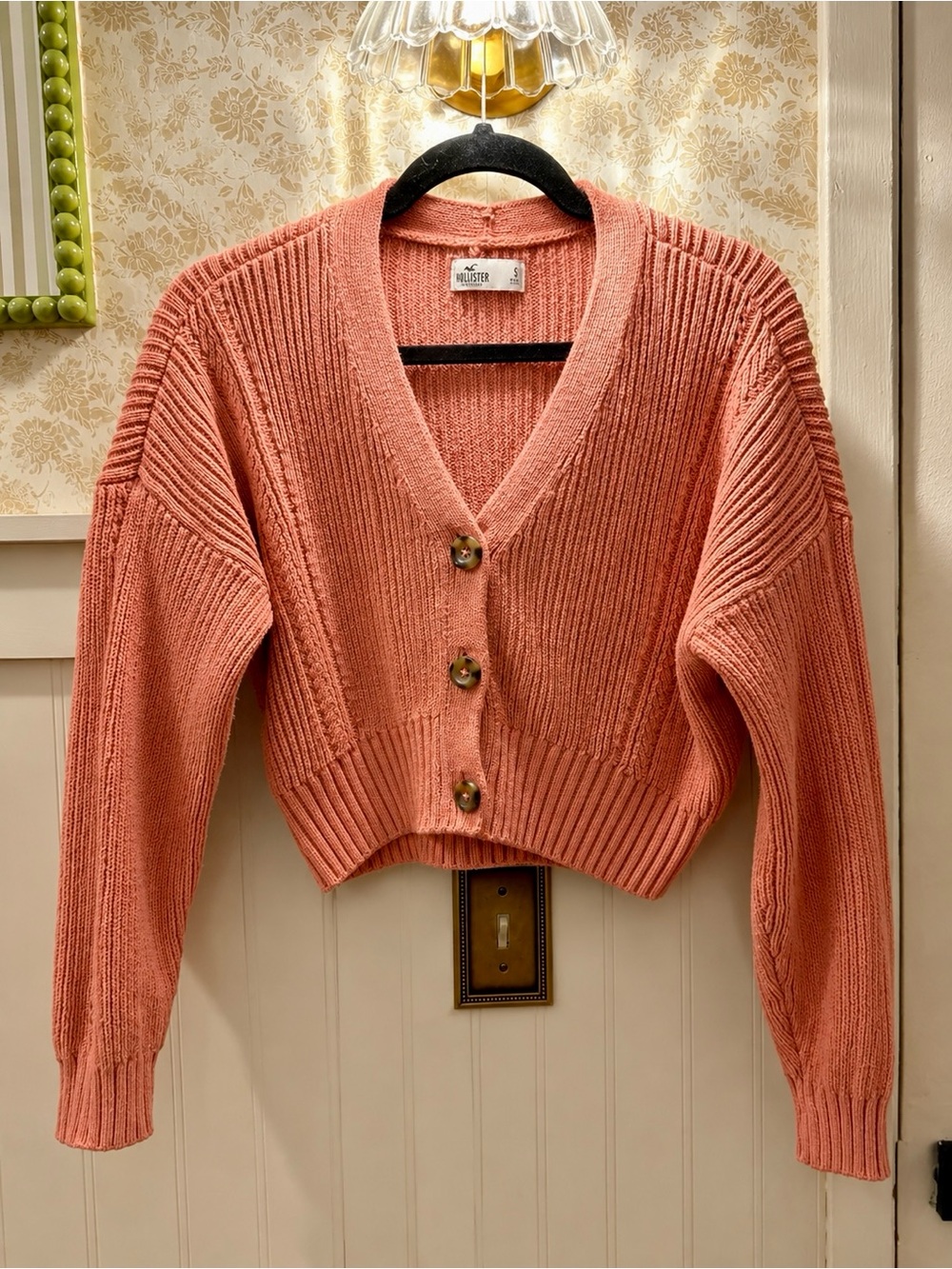Hollister Coral Ribbed V-Neck Cropped Cardigan